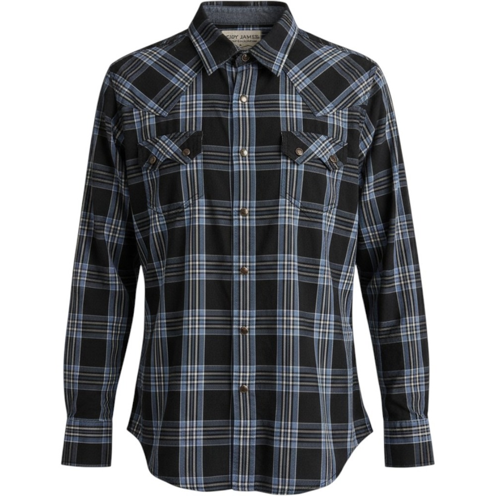 Cody James Western Snap Shirt Mens Medium Black Blue Plaid Long Sleeve Yoke